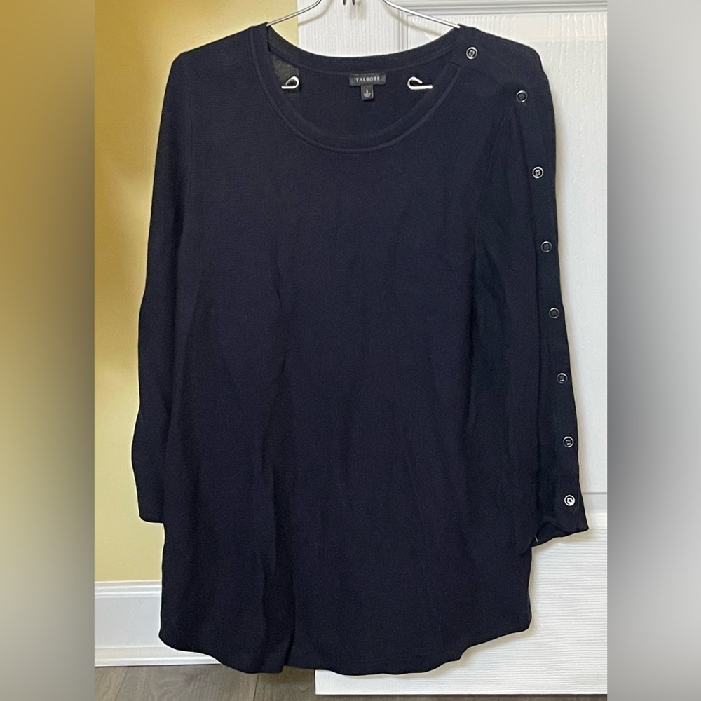 Talbots Navy 3/4 Sleeve Thick Cotton Blend Shirt Women’s Large Buttons